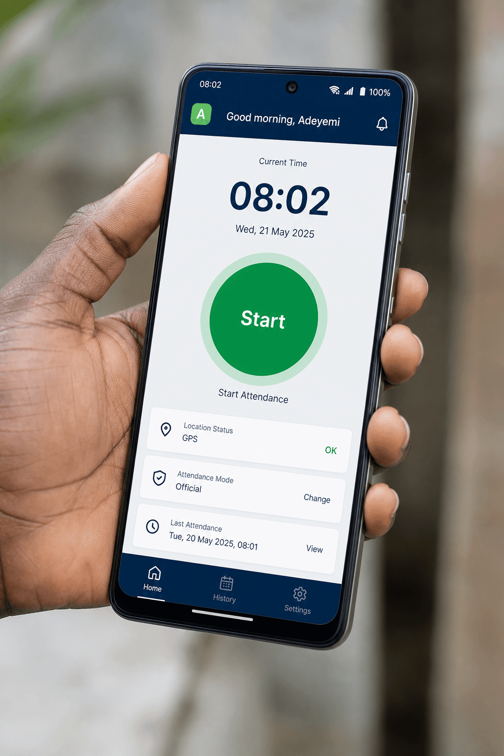 Application mobile SeeMe, bouton de démarrage de journée